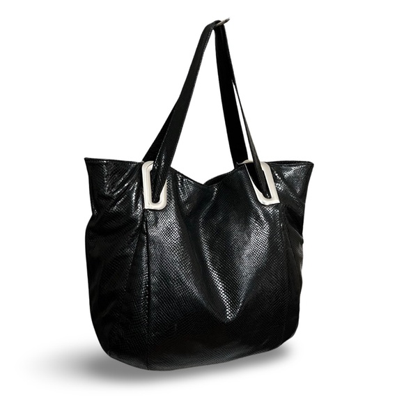 Kooba Black Snake Embossed Leather Oversized Tote Shoulder Bag - Picture 3 of 10